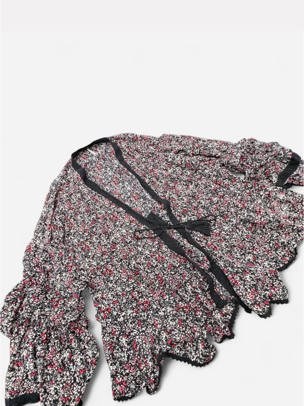 Free People Black & Pink Floral Tie-Front Kimono Cardigan